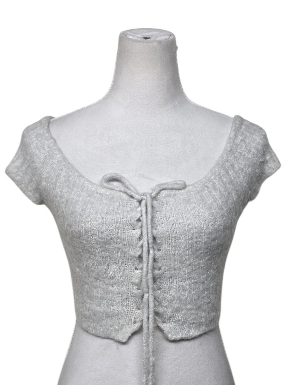 Cotton Candy Lace-Up Knit Crop Top - Light Gray Size M/L